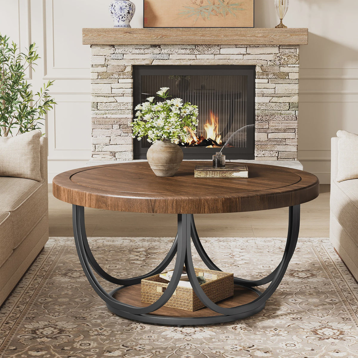 Ronde Salontafel met 2 Niveaus - 80 cm Houten Cocktailtafel met Metalen Frame