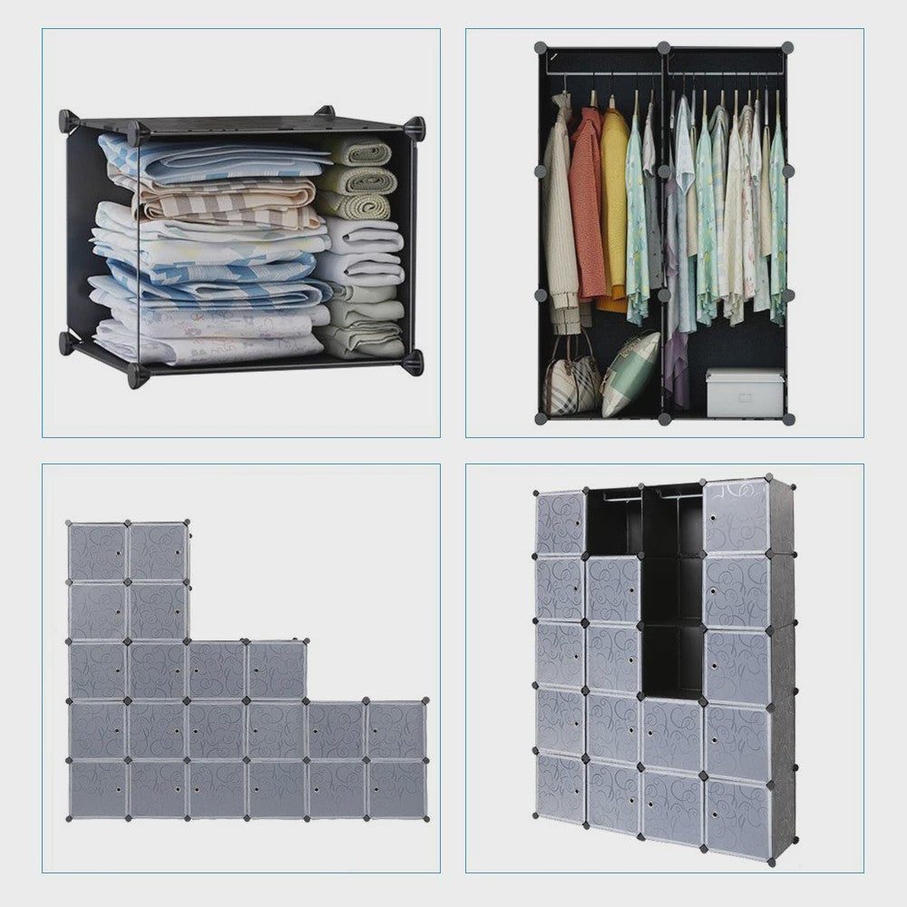 Modulaire Garderobekast met 20 Kubussen, Schoenenkast & Kledingroedes - Stapelbaar Opbergsysteem