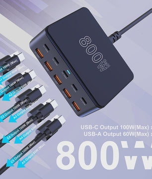 800W GaN Snellader met 10 Poorten (5x USB-C 100W, 5x USB-A 60W) - PD3.0 PPS QC3.0