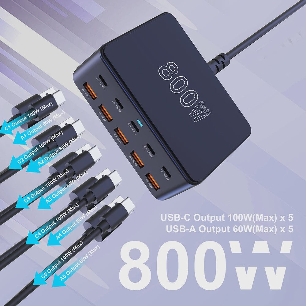 800W GaN Snellader met 10 Poorten (5x USB-C 100W, 5x USB-A 60W) - PD3.0 PPS QC3.0