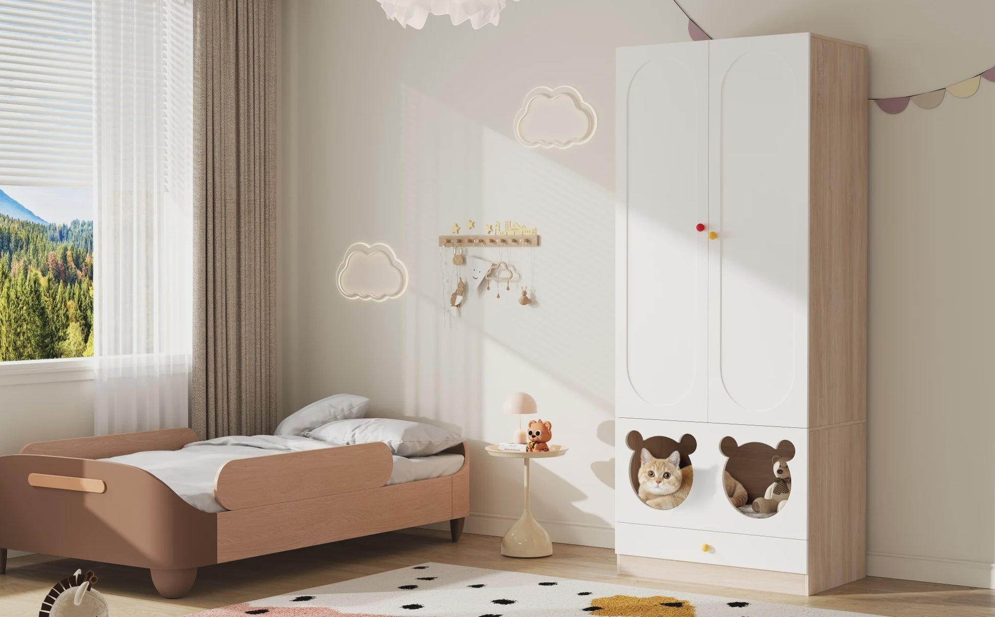 Kinder Kledingkast met Kattenmandjes - Wit & Natuurlijk Hout - 80x50x200 cm