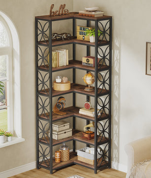 L-Vormige Hoek Boekenkast 7-Laags - 79 Inch Hout & Metaal - Vrijstaand
