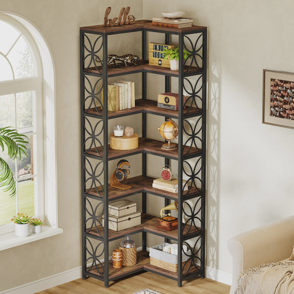 L-Vormige Hoek Boekenkast 7-Laags - 79 Inch Hout & Metaal - Vrijstaand