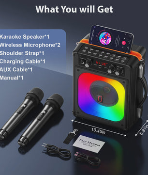 FanFun TX06 Karaoke Speaker met 2 Draadloze Microfoons & Feestverlichting