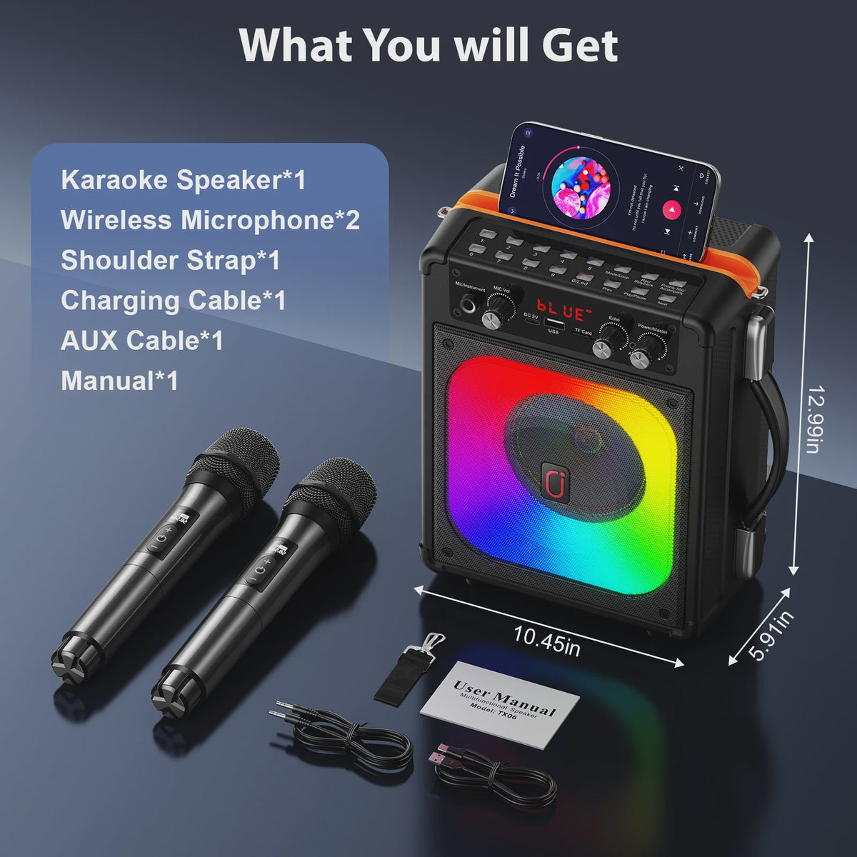 FanFun TX06 Karaoke Speaker met 2 Draadloze Microfoons & Feestverlichting