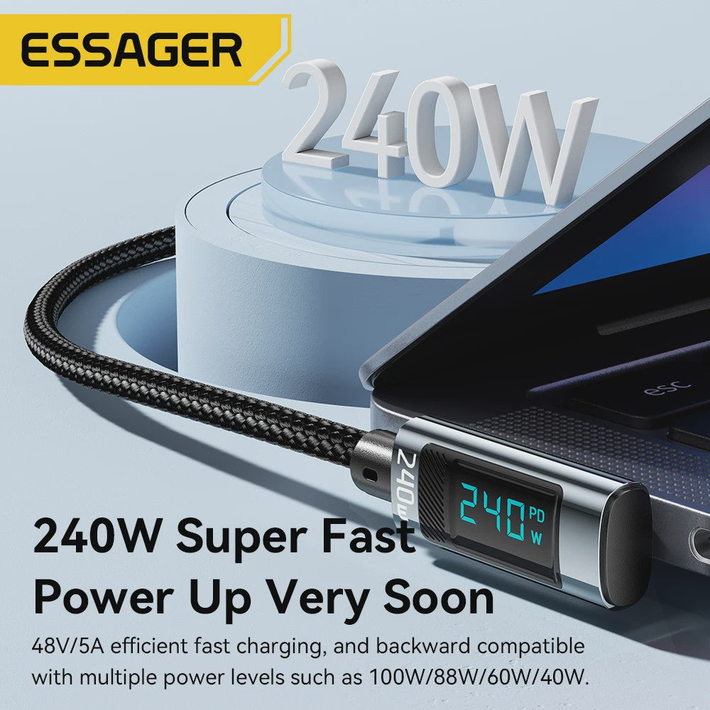 Essager 240W USB-C Kabel 90 Graden Hoek PD Snelladen met Digitale Display