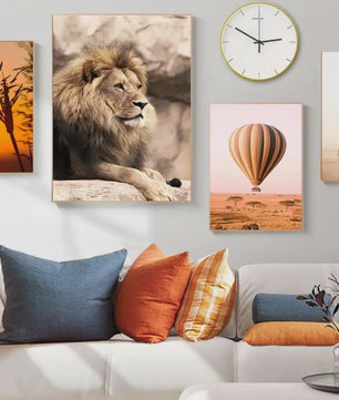 Canvas Poster Set: Leeuw, Giraffe, Olifant, Ballonvaart & Natuurlandschap