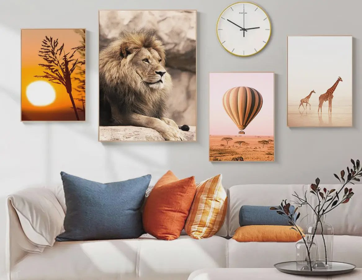 Canvas Poster Set: Leeuw, Giraffe, Olifant, Ballonvaart & Natuurlandschap