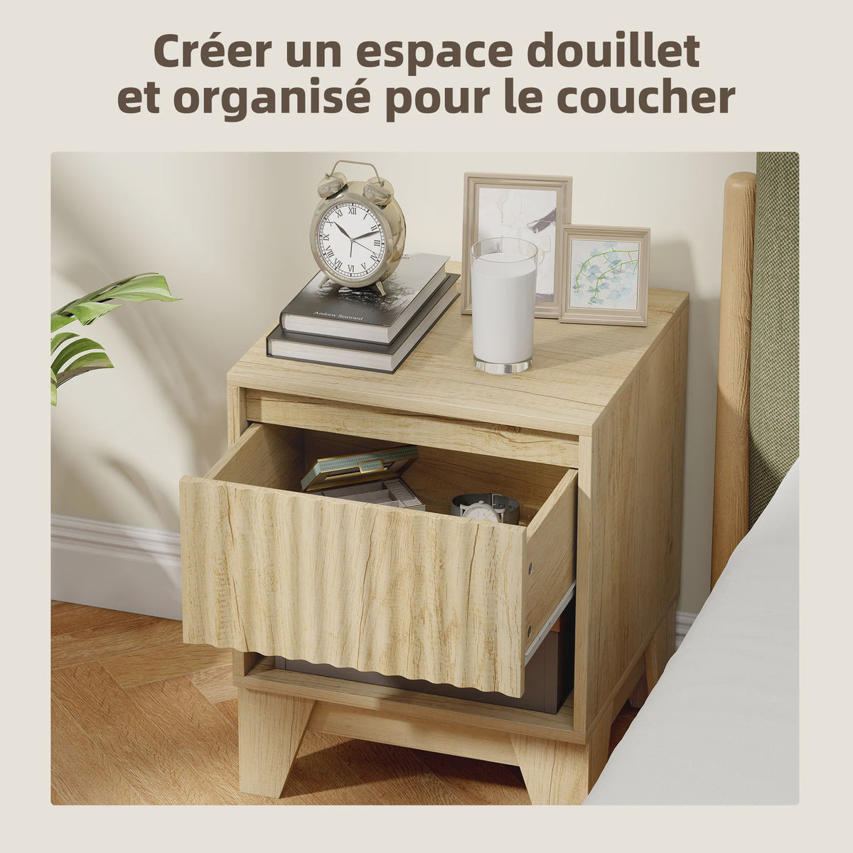 Set van 2 Smalle Nachtkastjes met Lade en Open Vak - Natuurlijk Hout-look met Gegroefde Panelen