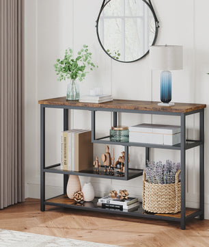 Smal Console Tafel met 4 Lagen, Glazen Plank en Metalen Frame - 100cm Breed