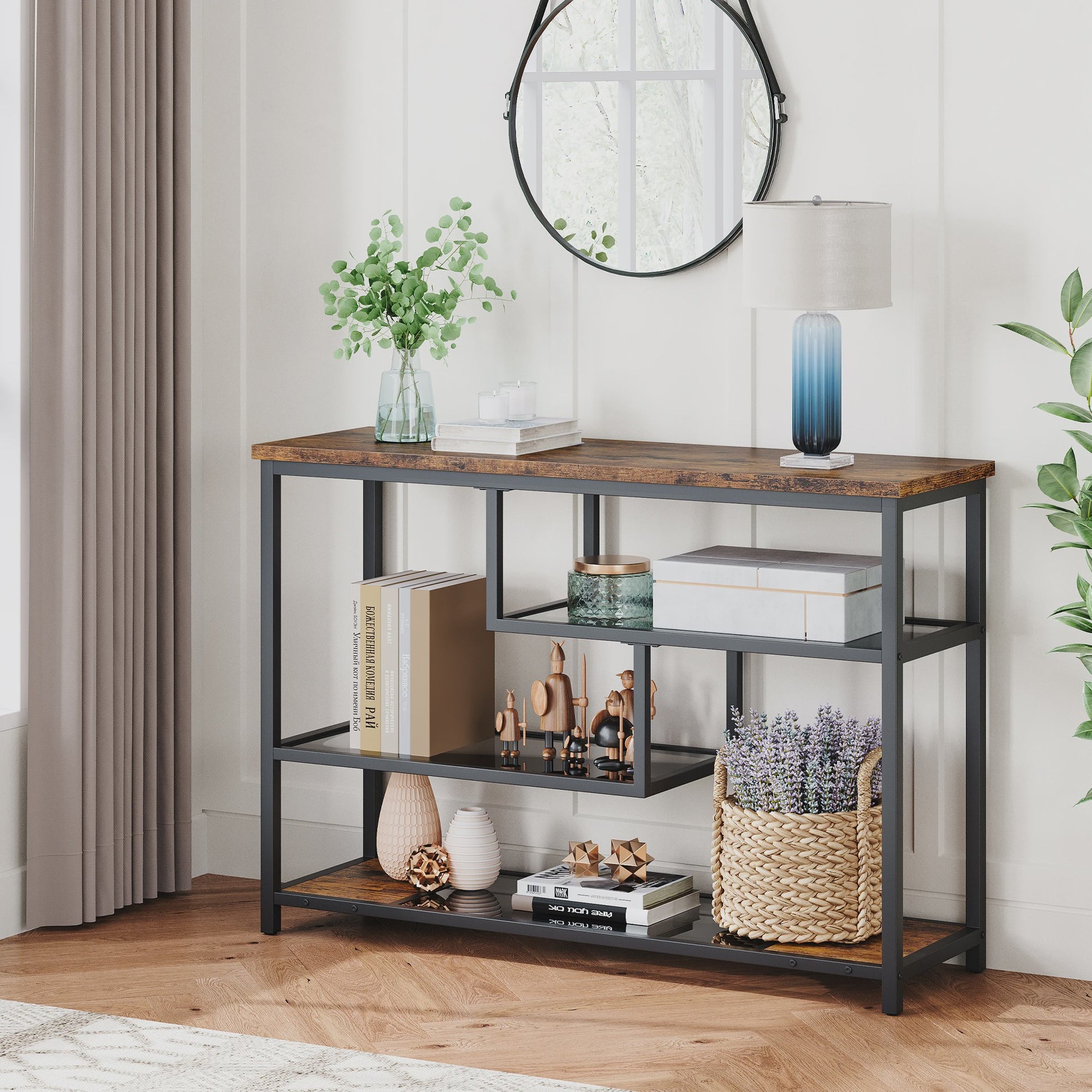 Smal Console Tafel met 4 Lagen, Glazen Plank en Metalen Frame - 100cm Breed