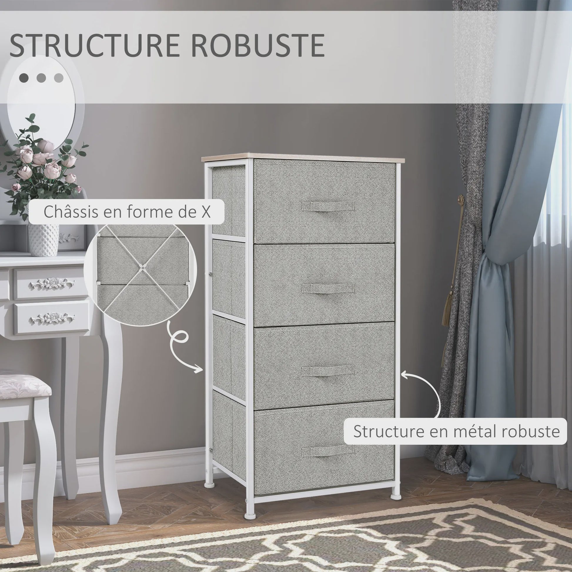 HOMCOM Ladekast met 4 Stoffen Laden en Metalen Frame - 45x30x92 cm
