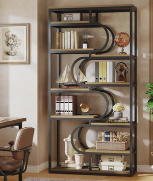 Industriële Boekenkast 180cm Hoog - 5 Lagen Open Opslag - Metaal & Hout Design