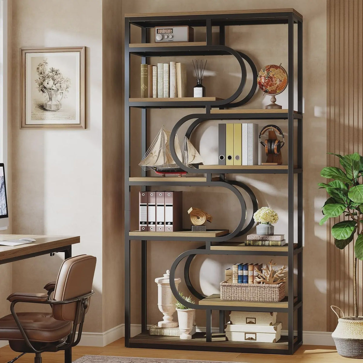 Industriële Boekenkast 180cm Hoog - 5 Lagen Open Opslag - Metaal & Hout Design