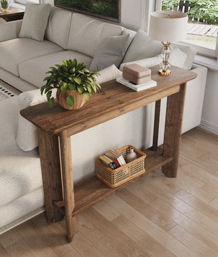 Massief Houten Console Tafel met 2 Lagen - Stijlvolle Sofa Tafel voor Hal of Woonkamer (Walnootkleur) - 105cm