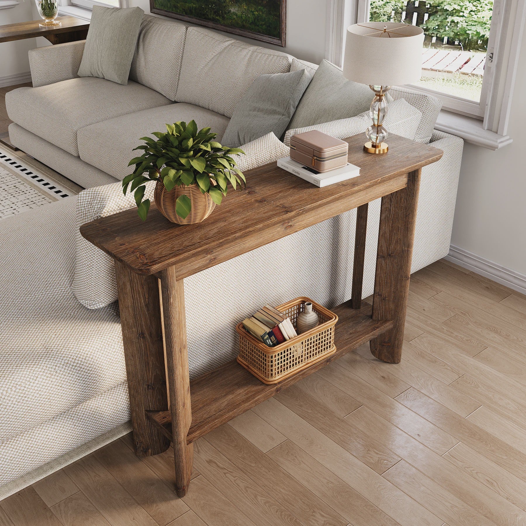 Massief Houten Console Tafel met 2 Lagen - Stijlvolle Sofa Tafel voor Hal of Woonkamer (Walnootkleur) - 105cm