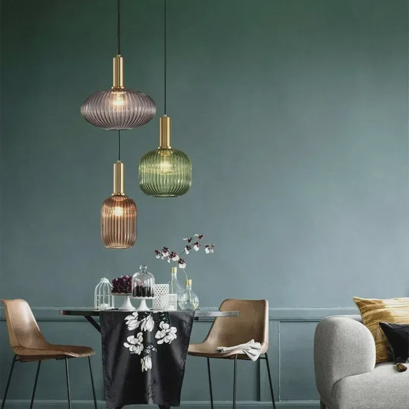 Moderne Ribbel Glazen Hanglamp - Scandinavisch Design in Groen, Grijs & Amber - E27 Fitting