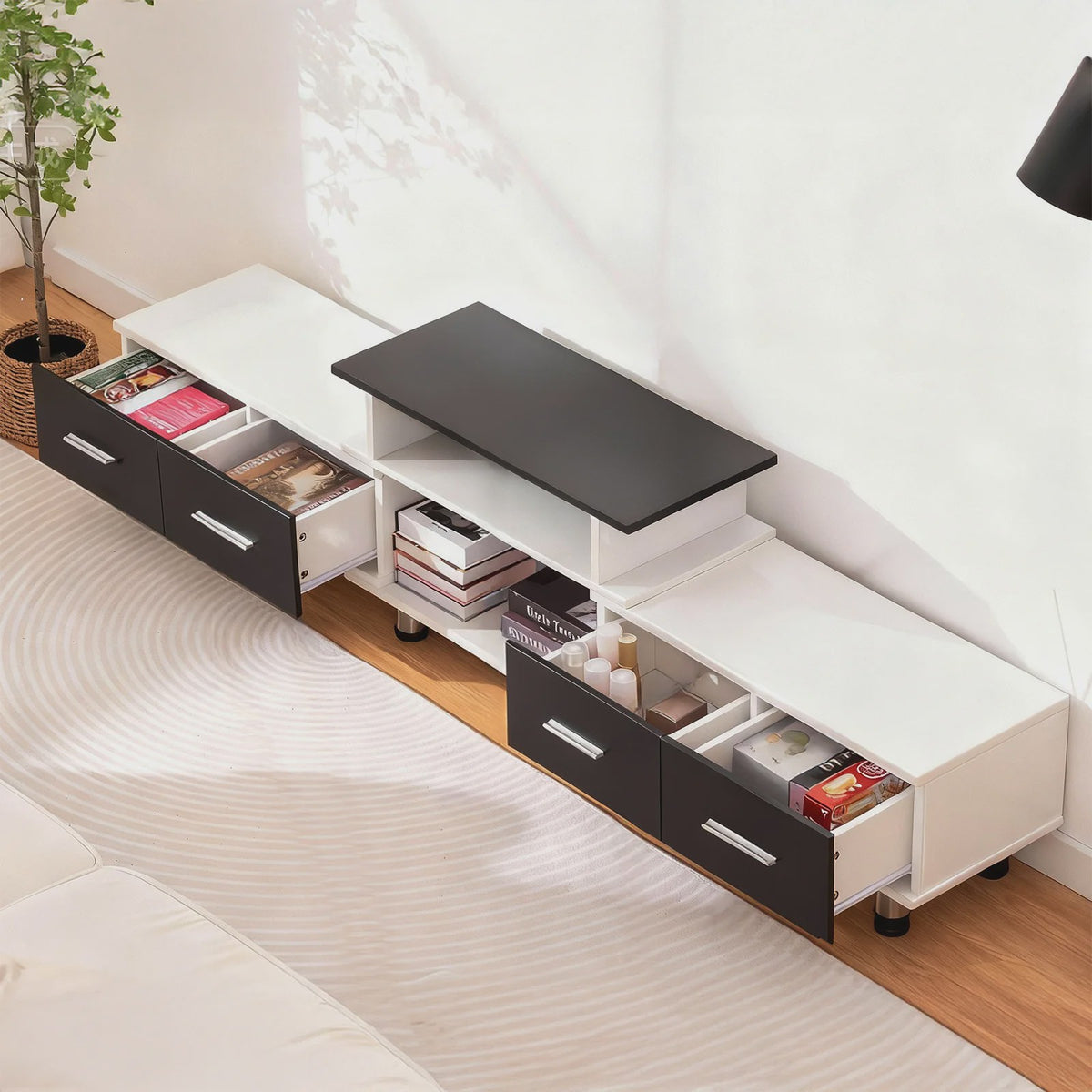 Uitschuifbaar TV Meubel 120-170 cm met 4 Lades, 3 Open Vakken en Metalen Frame