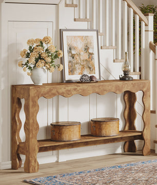 Lange Houten Console Tafel 160cm met Scalloped Rand en Opbergplank - Rustiek Modern Design