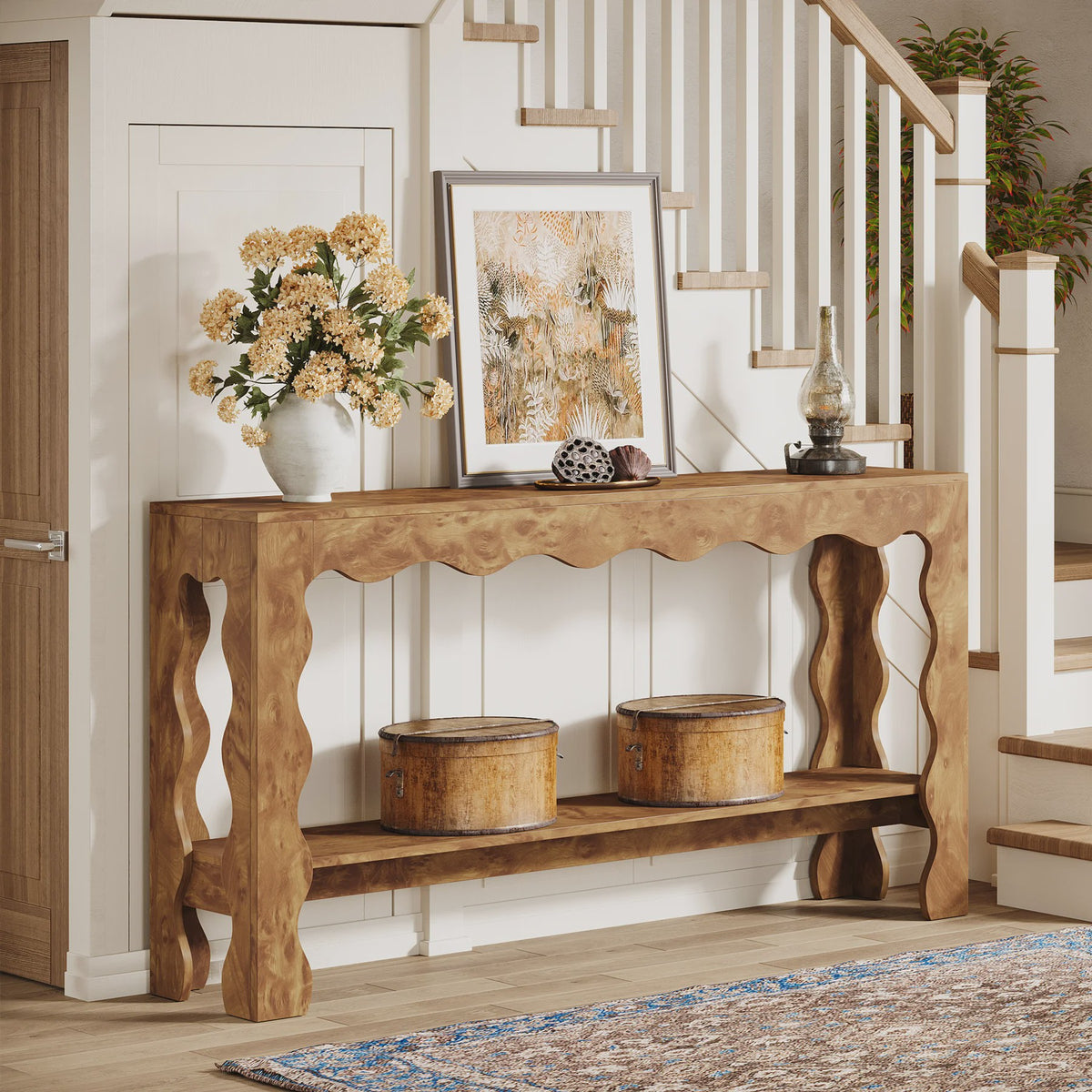 Lange Houten Console Tafel 160cm met Scalloped Rand en Opbergplank - Rustiek Modern Design