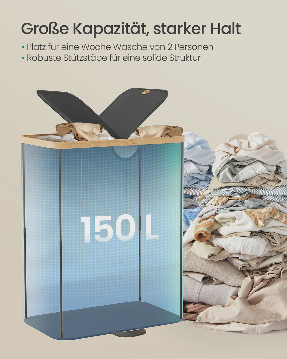 Songmics Wasmand met 2 Vakken, Afneembare Zakken en Deksel - 150L