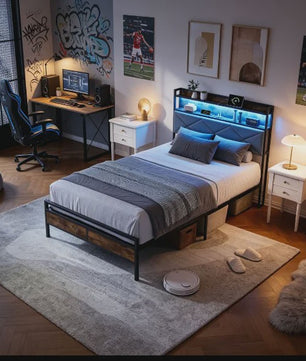 Modern Metalen Bed 90x200cm met LED Verlichting, Opbergkopstuk en USB-poorten