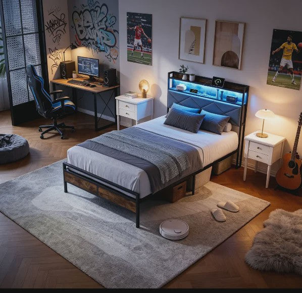 Modern Metalen Bed 90x200cm met LED Verlichting, Opbergkopstuk en USB-poorten