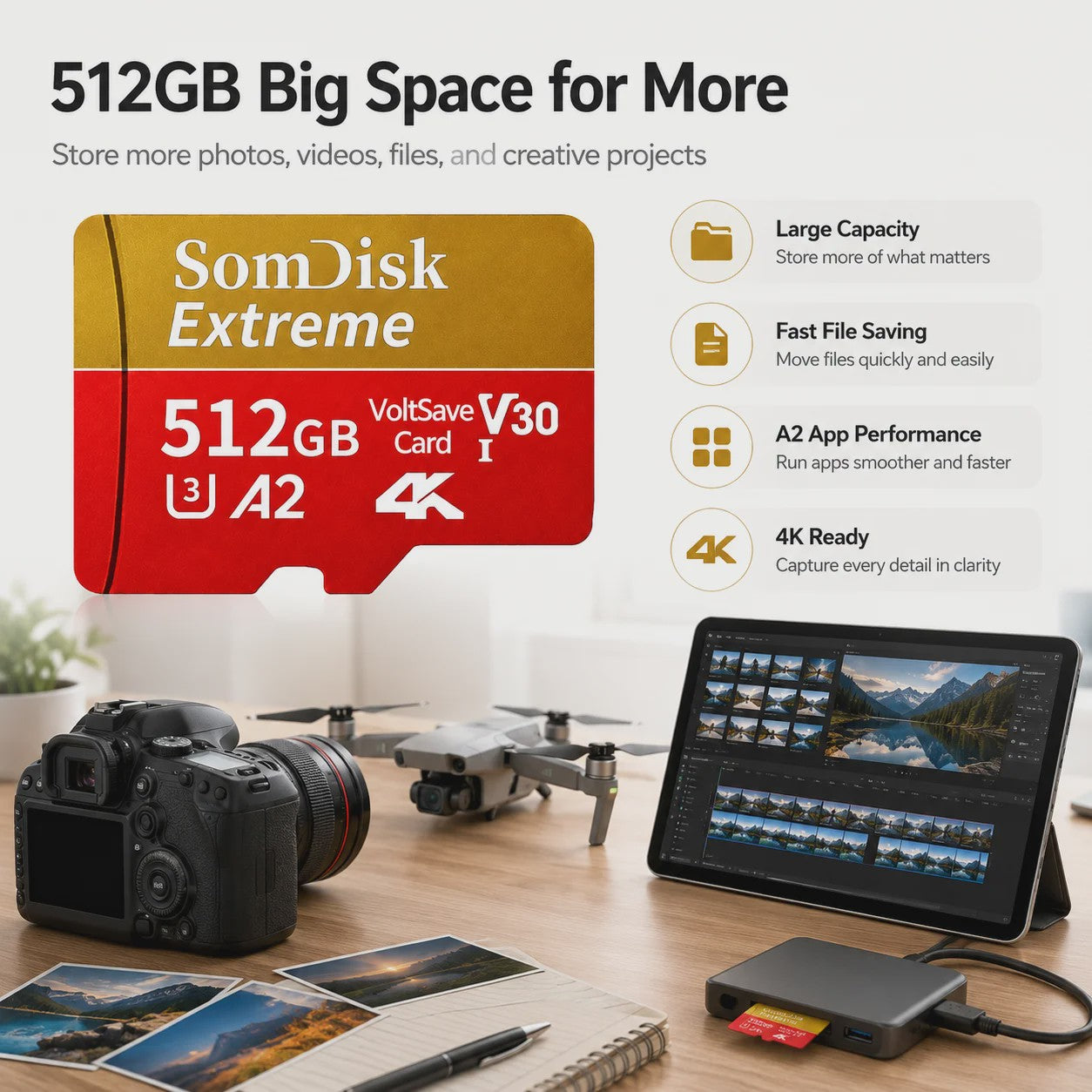 Snelle Micro SDXC Kaart 128GB/256GB/512GB/1TB/2TB - Class 10, U3, A2, 4K Video Ready