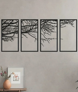 4-Delige Zwarte Metalen Levensboom Wanddecoratie - Stijlvolle Kunst voor Woonkamer, Slaapkamer & Kantoor