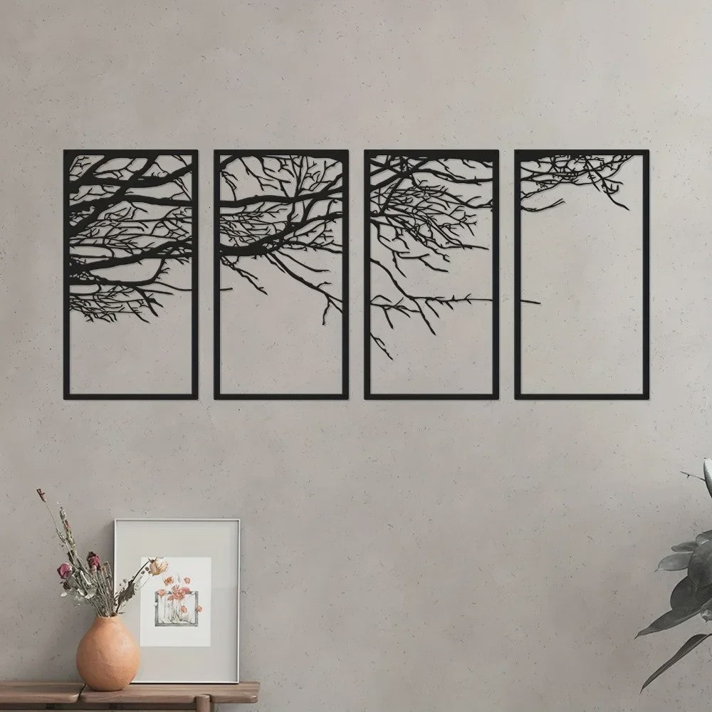 4-Delige Zwarte Metalen Levensboom Wanddecoratie - Stijlvolle Kunst voor Woonkamer, Slaapkamer & Kantoor