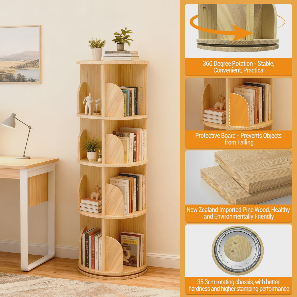 Draaibare Boekenkast van Massief Hout - 360° Staande Opberger