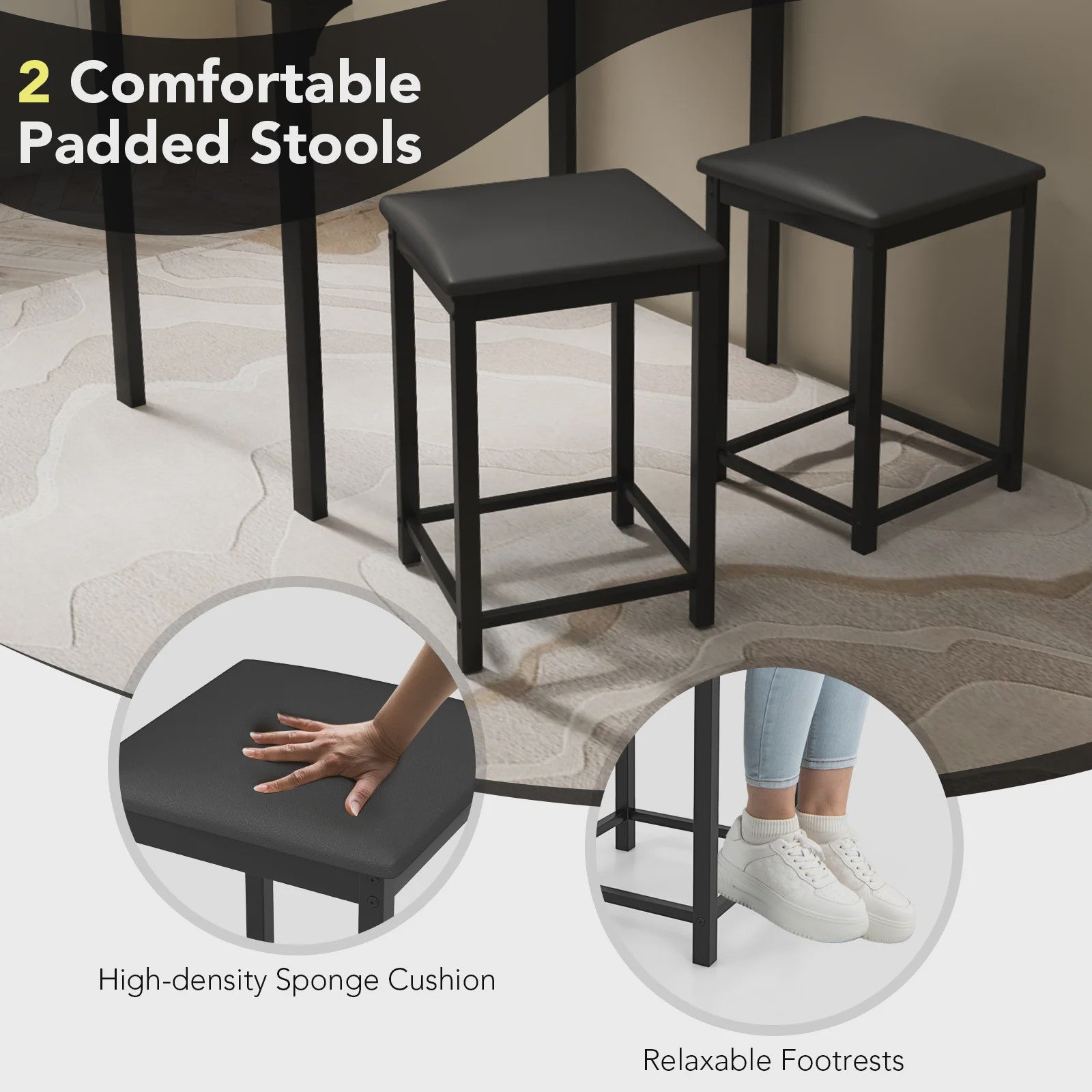 3-Delige Bartafel Set met 2 Krukken - Compact Keuken Tafelblad met Padded Stoelen