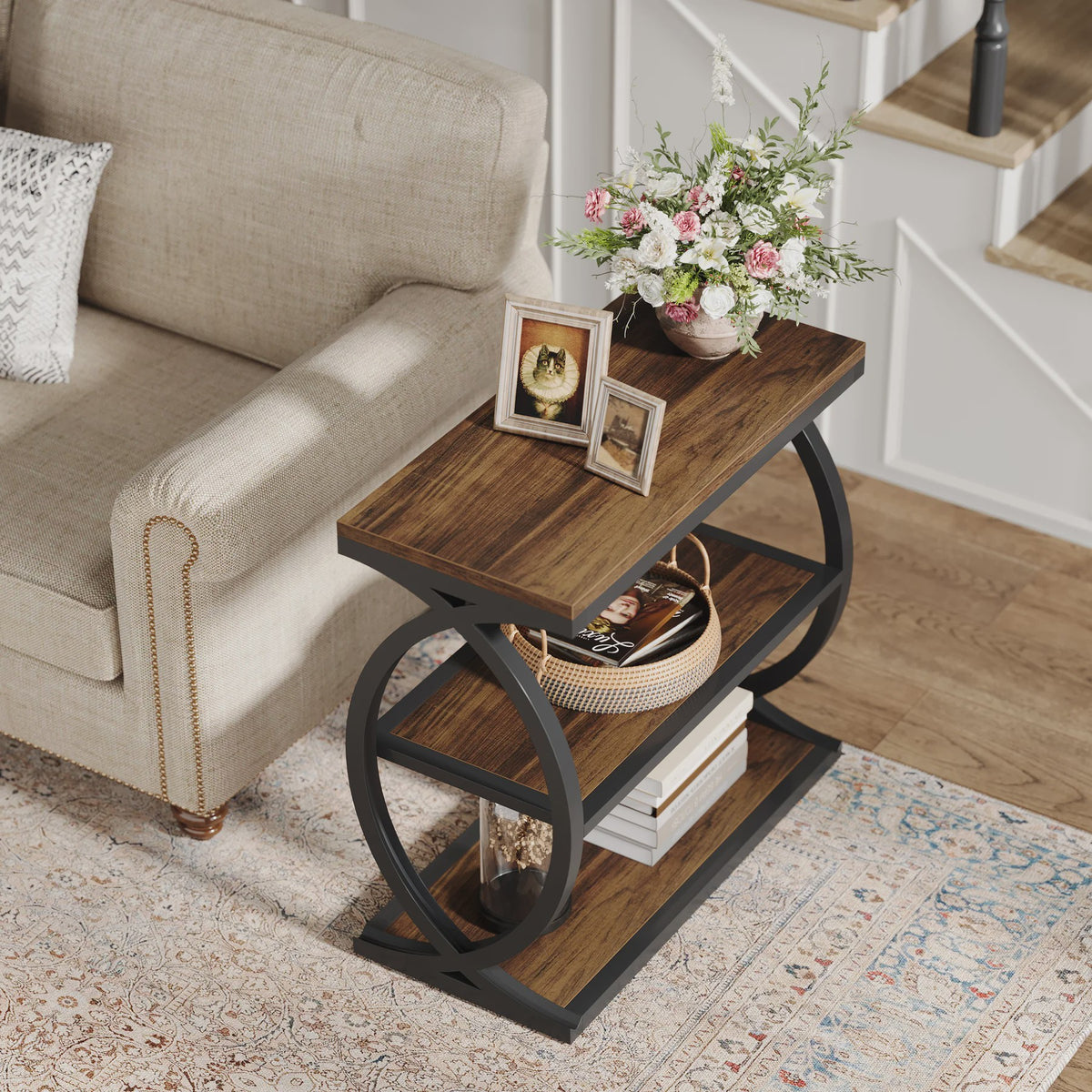 Industriële Bijzettafel met 3 Niveaus - Smal Hout en Metaal