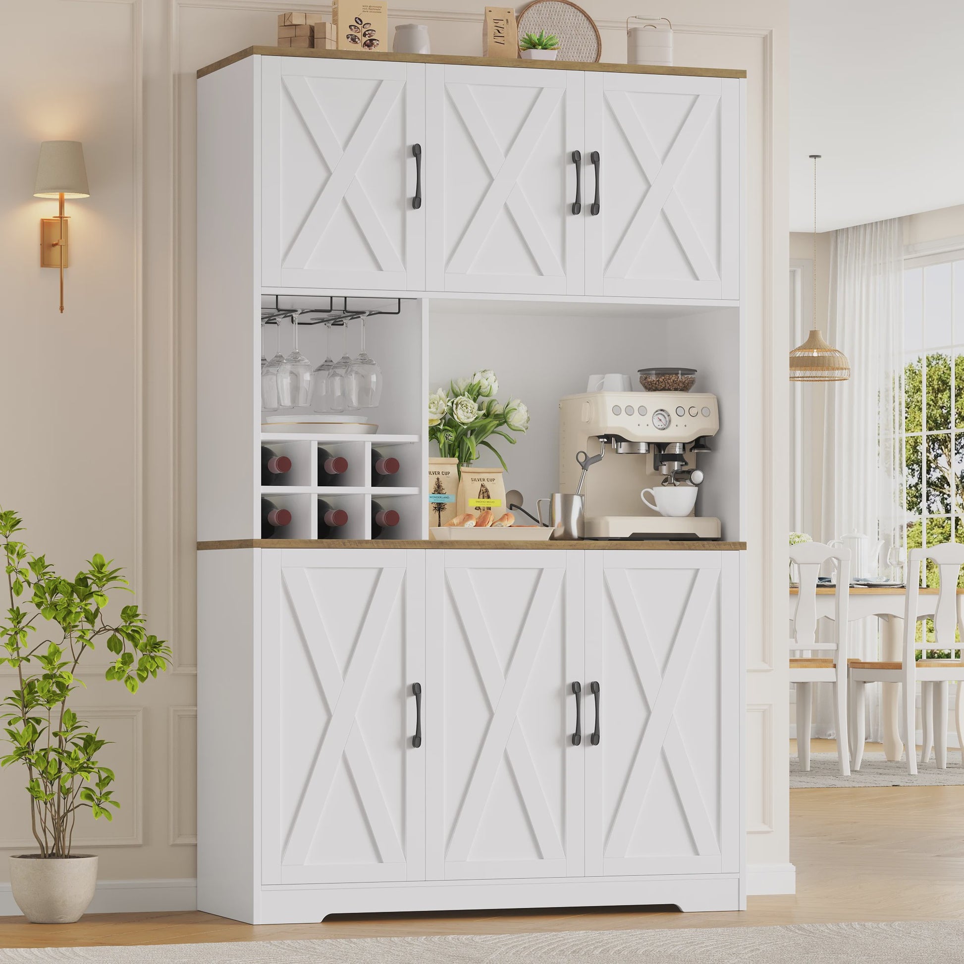 Buffetkast Keuken 106x180cm Wit met 6 Deuren, Flessenhouder & Glazenrek