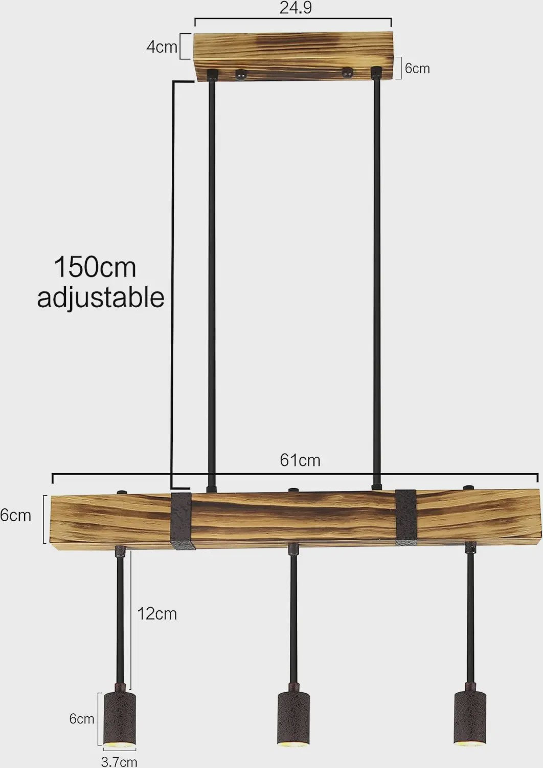 Houten Vintage Hanglamp 61cm met 3xE27 fitting - Industriële Stijl