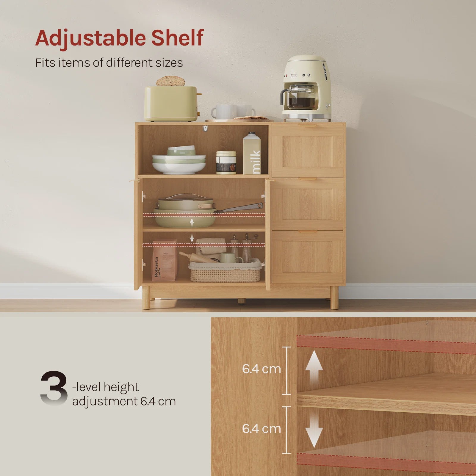 Houten Keukenkast met 3 Lades & Verstelbare Plank - Buffetkast / Sideboard 90x80x35cm