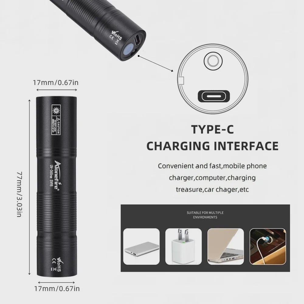 Compacte 365nm UV Zaklamp - USB Oplaadbaar - Multifunctioneel Detectielicht