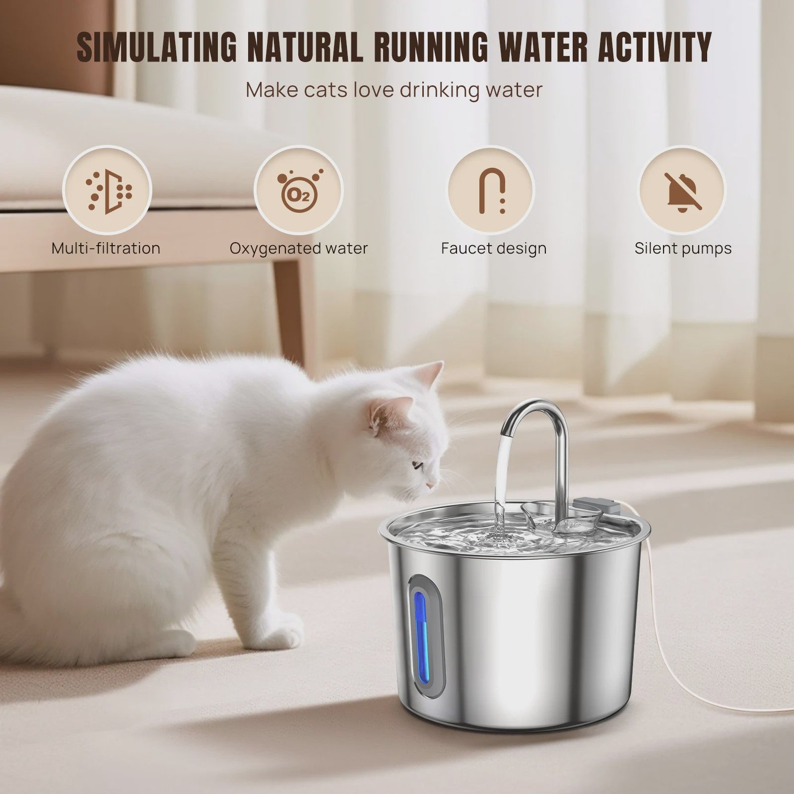 RVS Katten Drinkfontein 2.2L - Vaatwasserbestendig & Stille Pomp