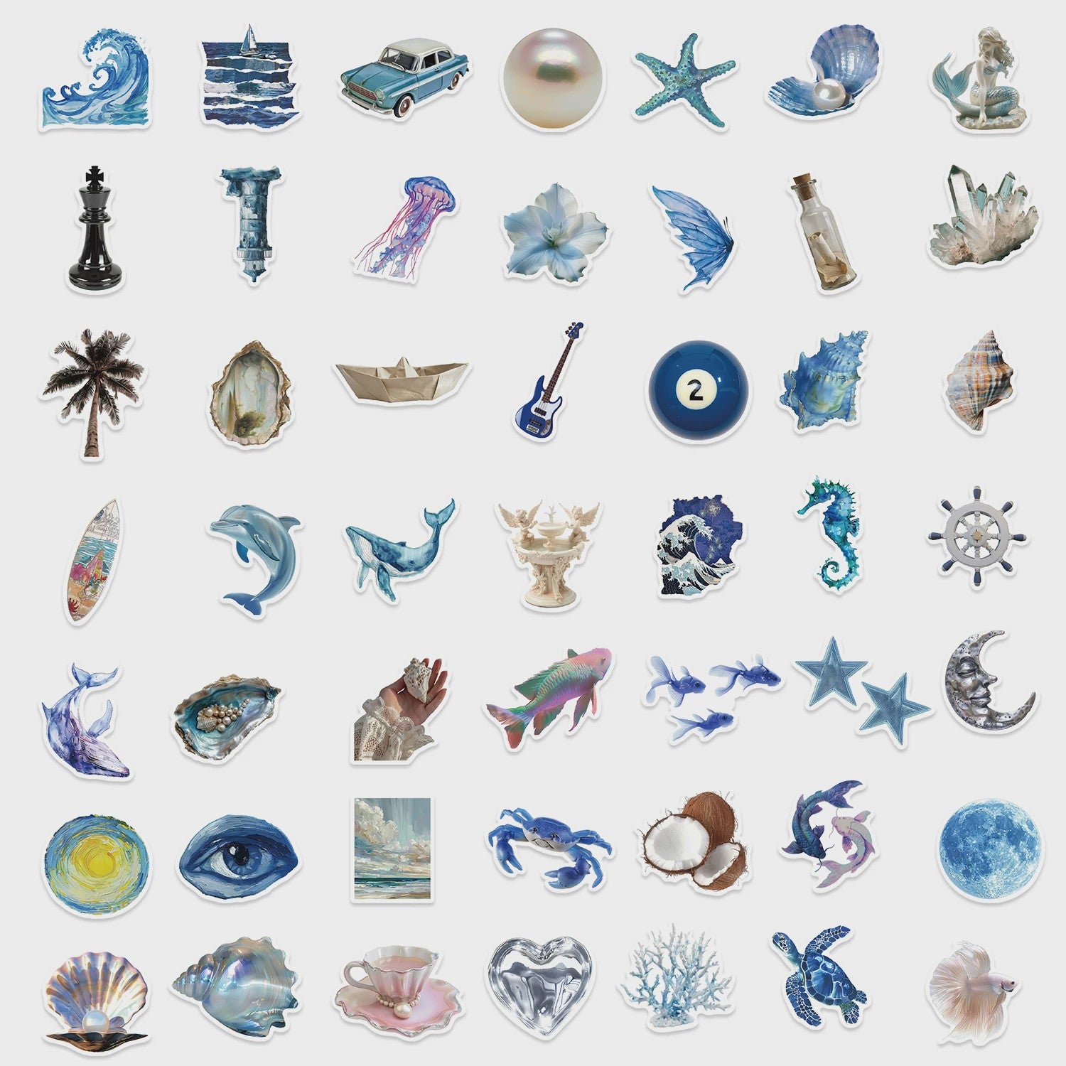 50x Ocean & Blauwe Esthetische Stickers - Waterdicht & Verwijderbaar voor Laptop, Koffer, Gitaar