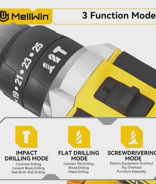 MELLWIN Accuboormachine Set 25+3 Nm - 3 Functies, 10mm Klopboorfunctie, Inclusief Koffer & Accessoires
