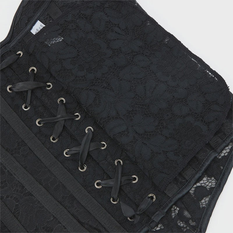 Zwart kanten korset top met mesh en ritssluiting - Sexy bustier voor feesten