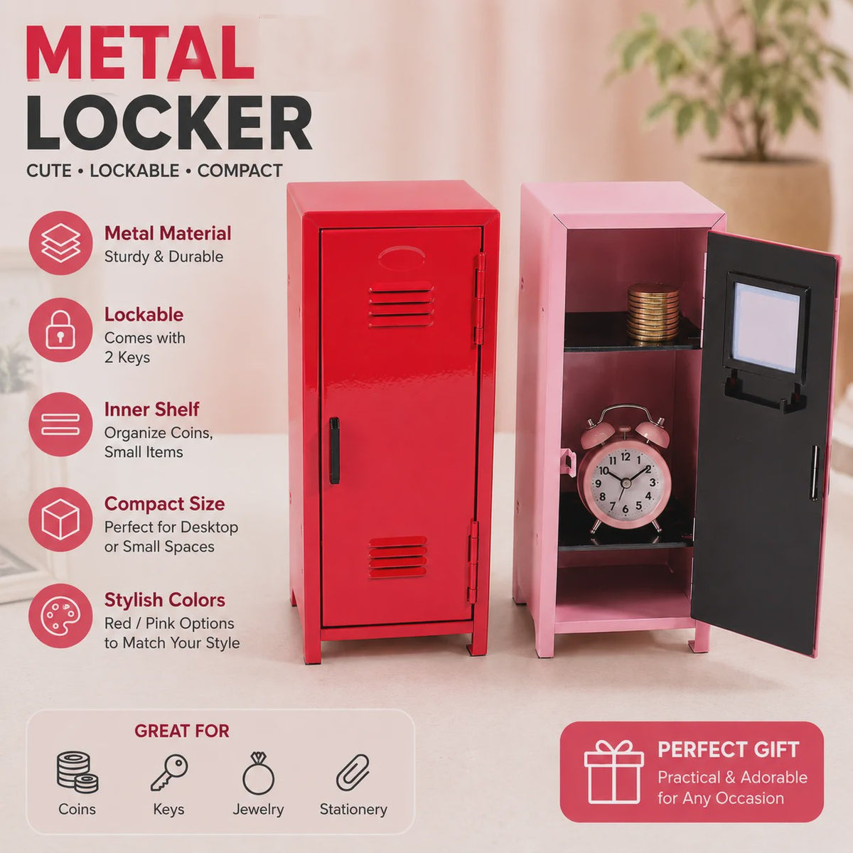 Metalen Kluis Spaarpot met Sleutelslot en Opbergvak - Decoratief en Functioneel