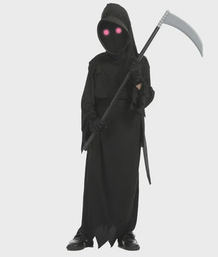 Kinder Halloween Kostuum Grim Reaper met Rode Oogjes en Zeis - Eng Duivel Spook Verkleedset