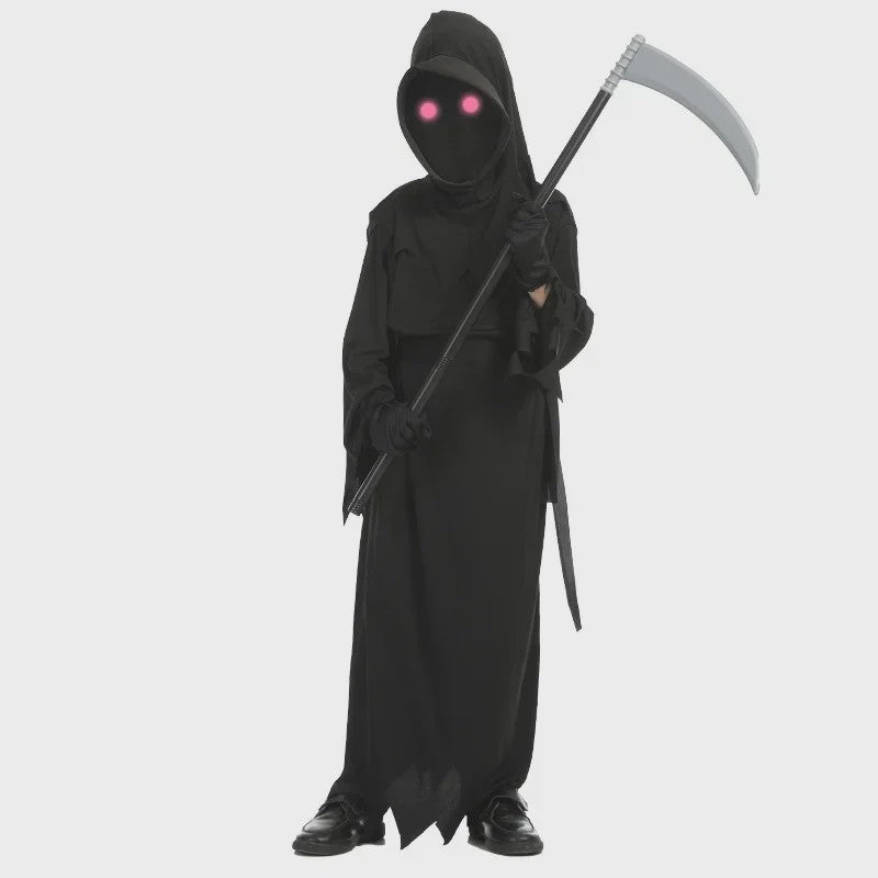 Kinder Halloween Kostuum Grim Reaper met Rode Oogjes en Zeis - Eng Duivel Spook Verkleedset
