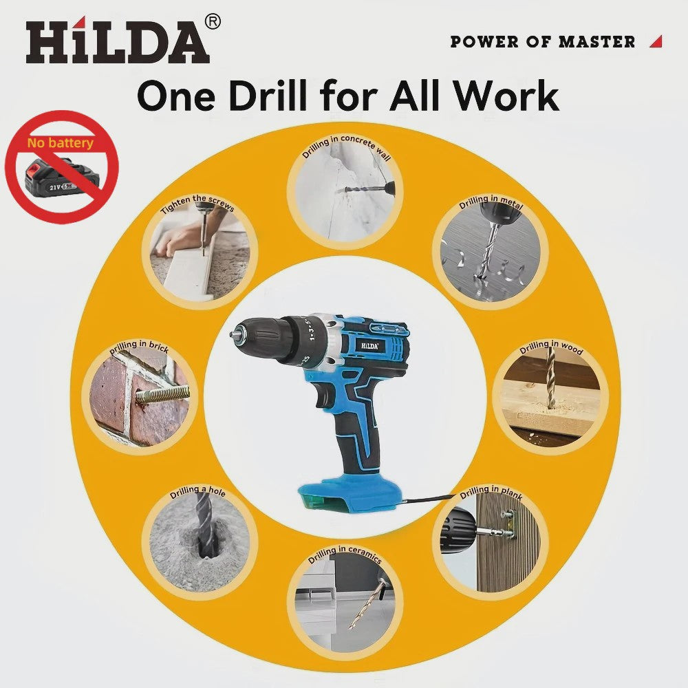 HILDA 21V Accuboormachine - 25+3 Koppelstanden, Draadloos & Makita Compatibel