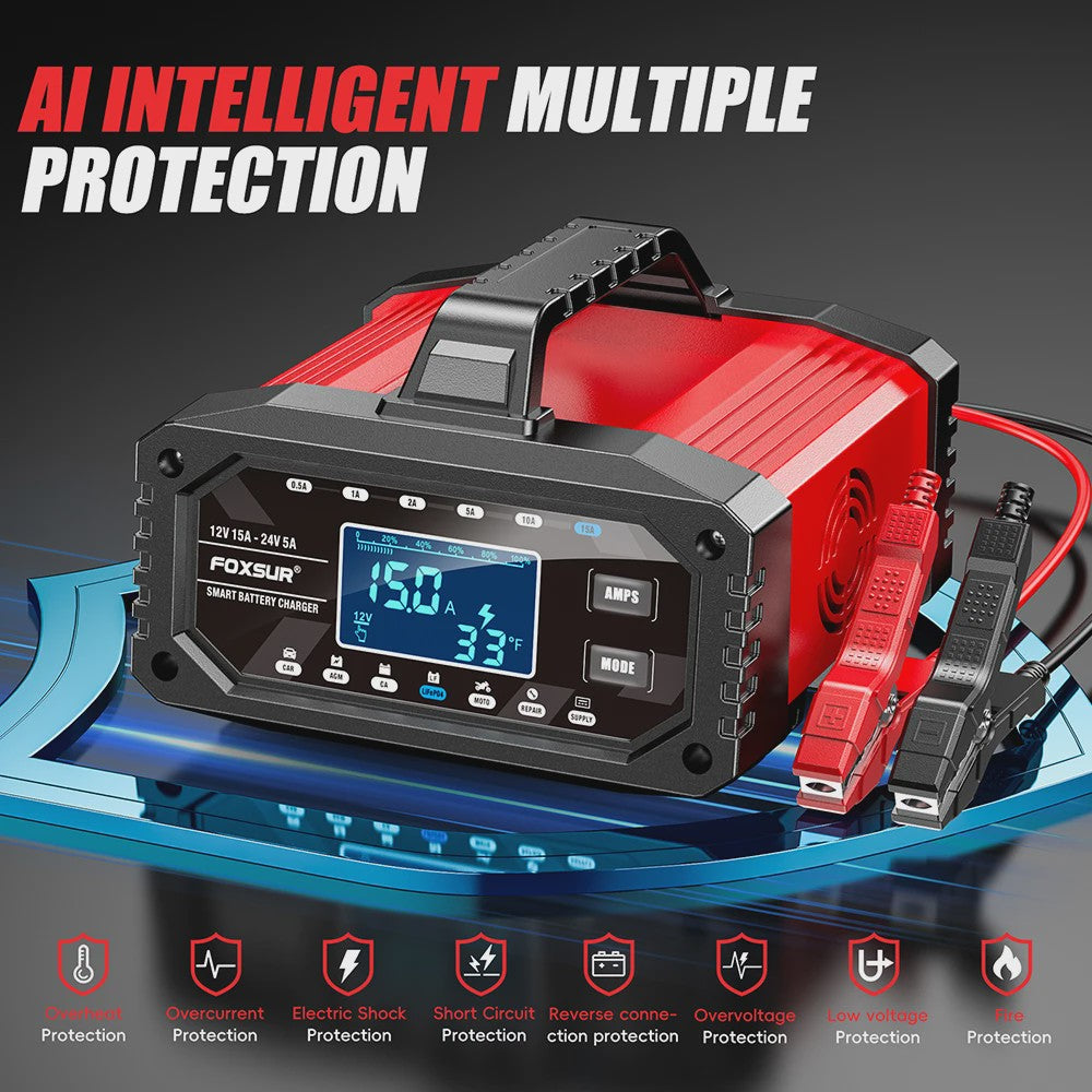 Slimme Acculader 12V 15A / 24V 5A voor Auto, Motor, Gel, AGM, LiFePO4 Batterijen