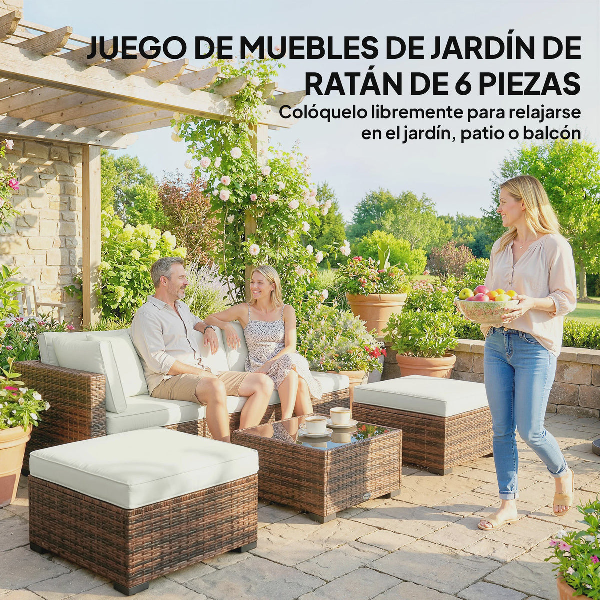 Outsunny Loungeset 6-delig Rotan Tuinmeubelen met Kussens en Salontafel