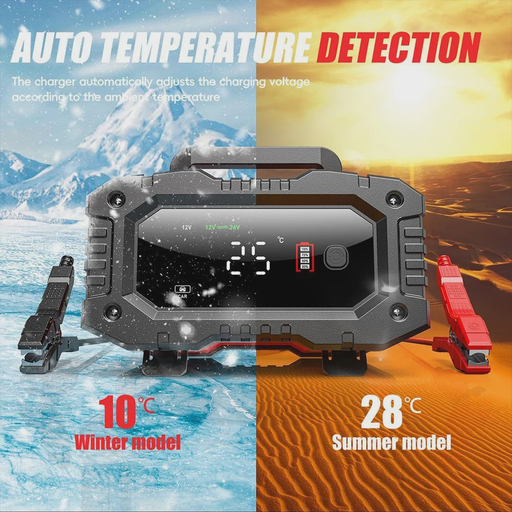 Universele 12V/24V Slimme Batterijlader met 7-Traps Oplaadcyclus & Reparatie Modus
