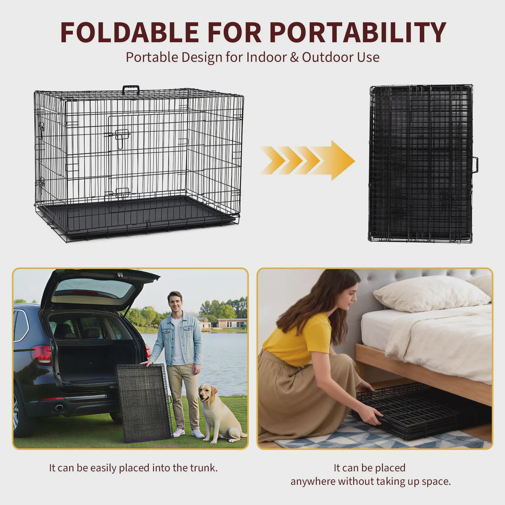 Dubbeldeurs Metalen Hondenkennel 24-48 inch - Inklapbaar met Uitneembare Tray