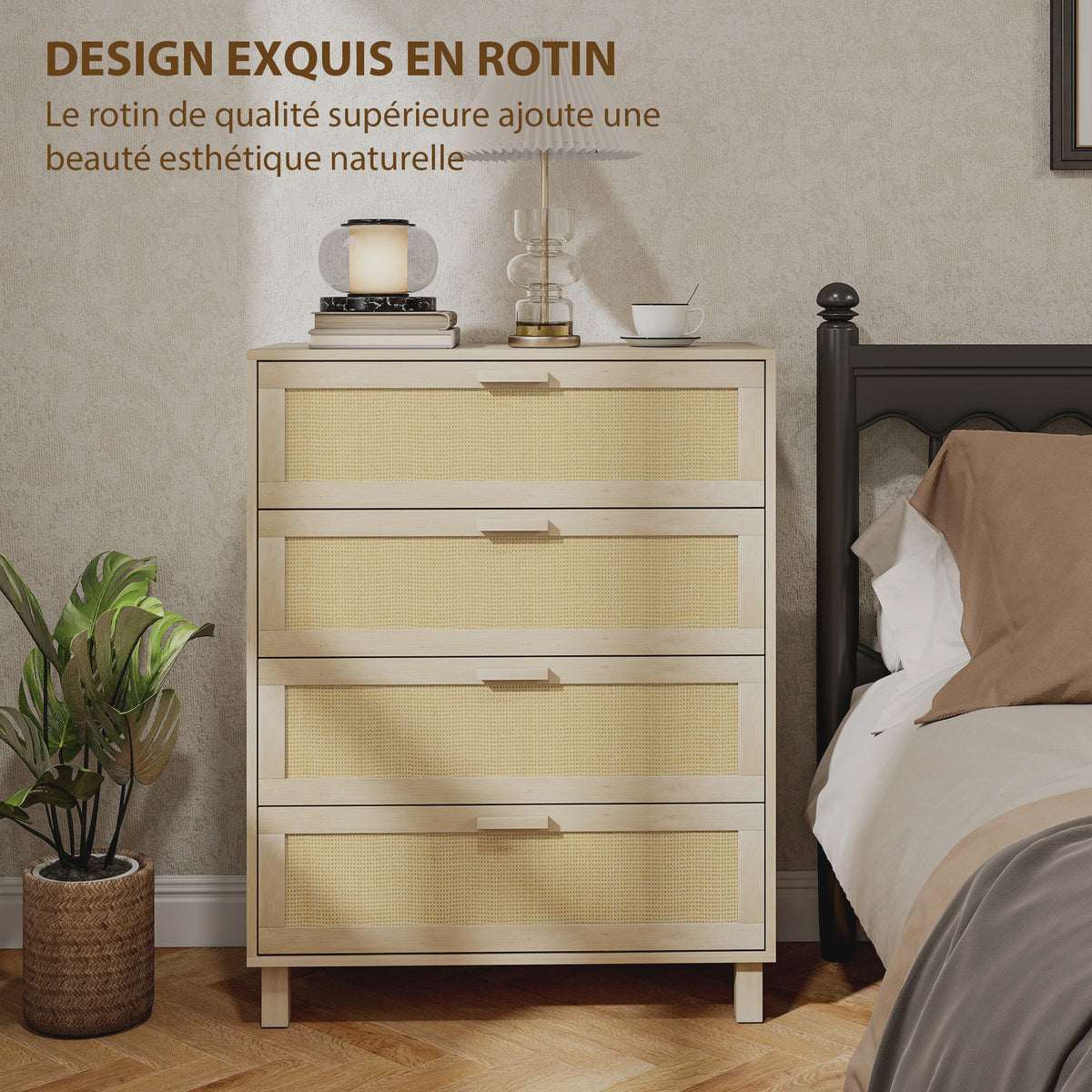 Ladekast 4 Lades met Rotan Fronten - Licht Hout MDF - 80x40x103 cm